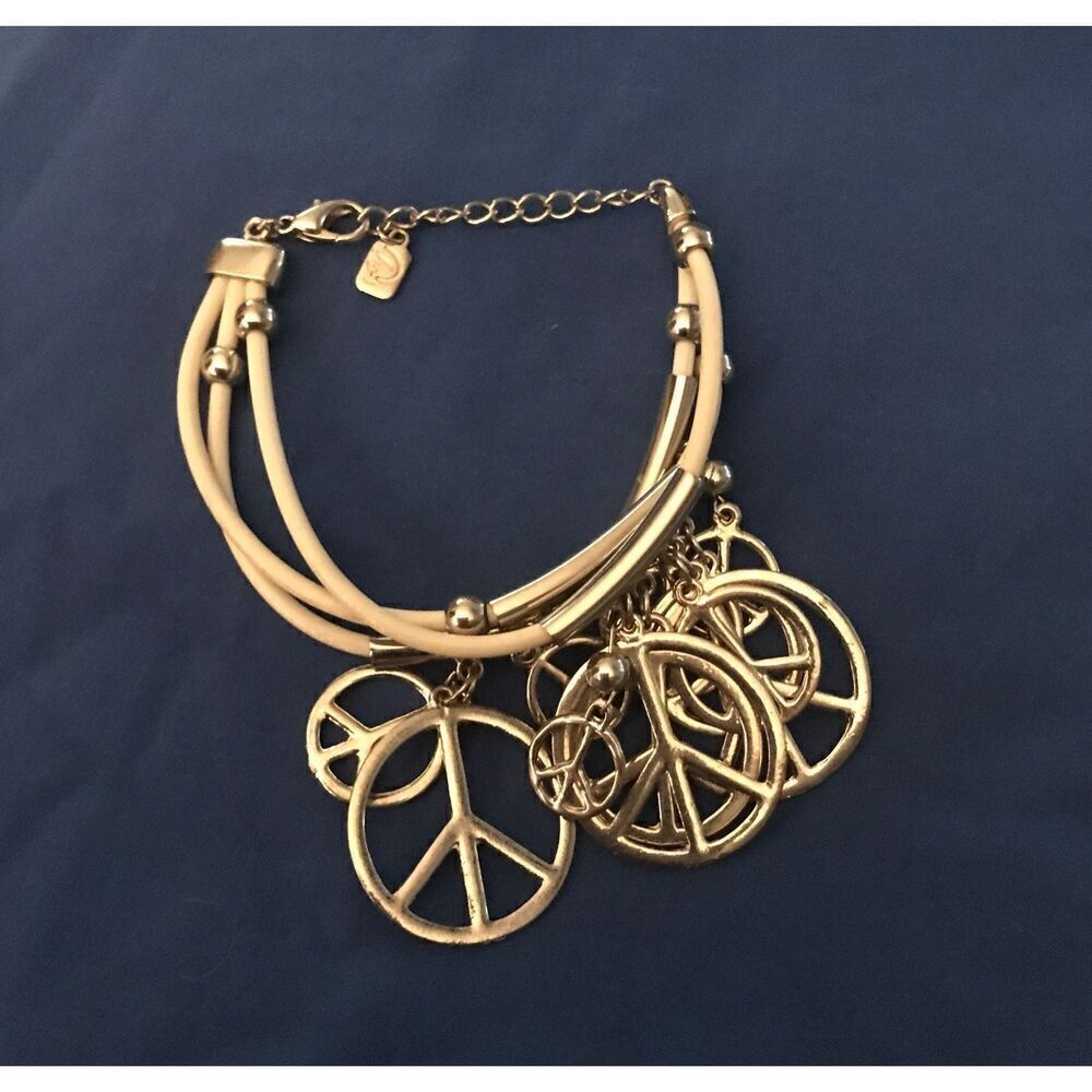Trendy Silver & White Multi Dangling Peace Charm Bracelet